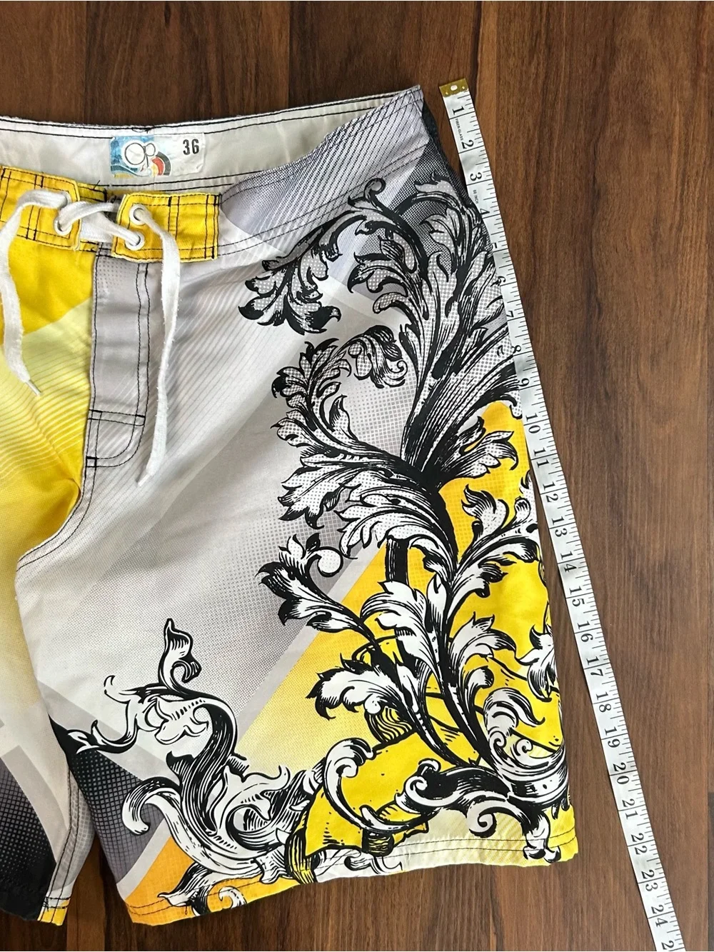 Vintage Y2K OP Men’s Yellow & Gray Baroque-Print Swim Shorts